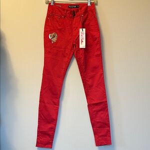 Red Bottoms vibrant red cotton/rayon low rise skinny jeans size 3 new with tags